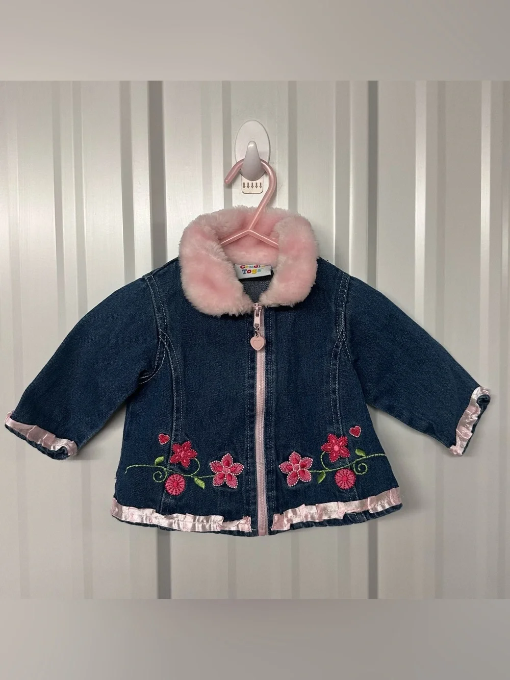 Vintage Infant Girls Pink Faux Fur Collar Denim Jacket Jean Coat Cute Retro